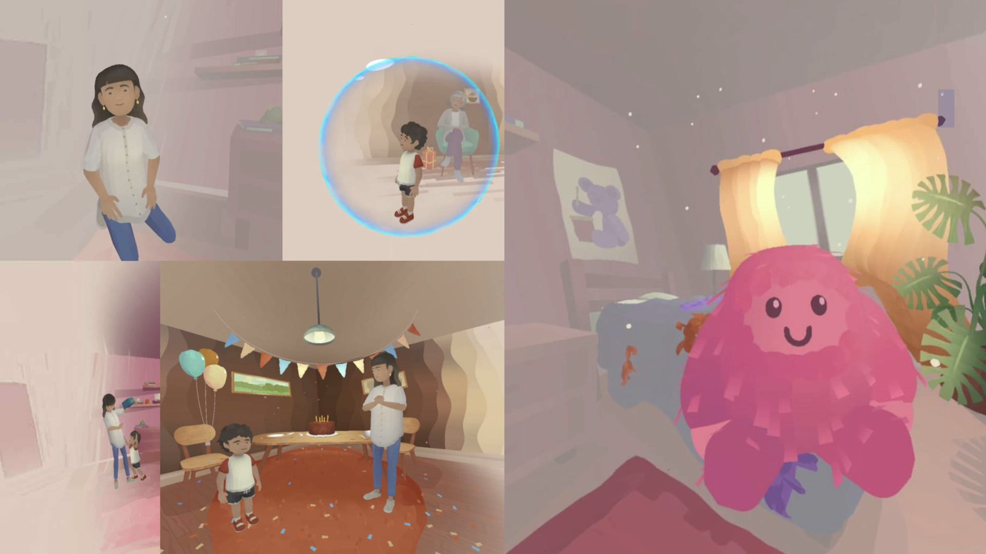 Un montage de cinq images en tirées de l'expérience de réalité virtuelle Les pieds en haut. En haut à gauche, la mère dans une pièce aux couleurs claires. En haut au centre, un enfant dans une bulle. En bas à gauche, la mère joue avec l'enfant. En bas au centre, la mère célèbre l'anniversaire de l'enfant. À droite, une énorme peluche rose est posée sur un lit.